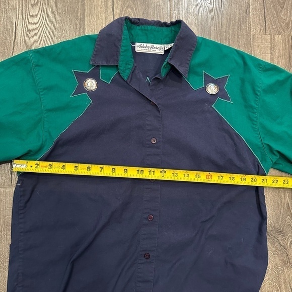 Vintage Adobe Rose Button Down Shirt Large Western Star Sherif Green Blue Rodeo - Picture 3 of 13